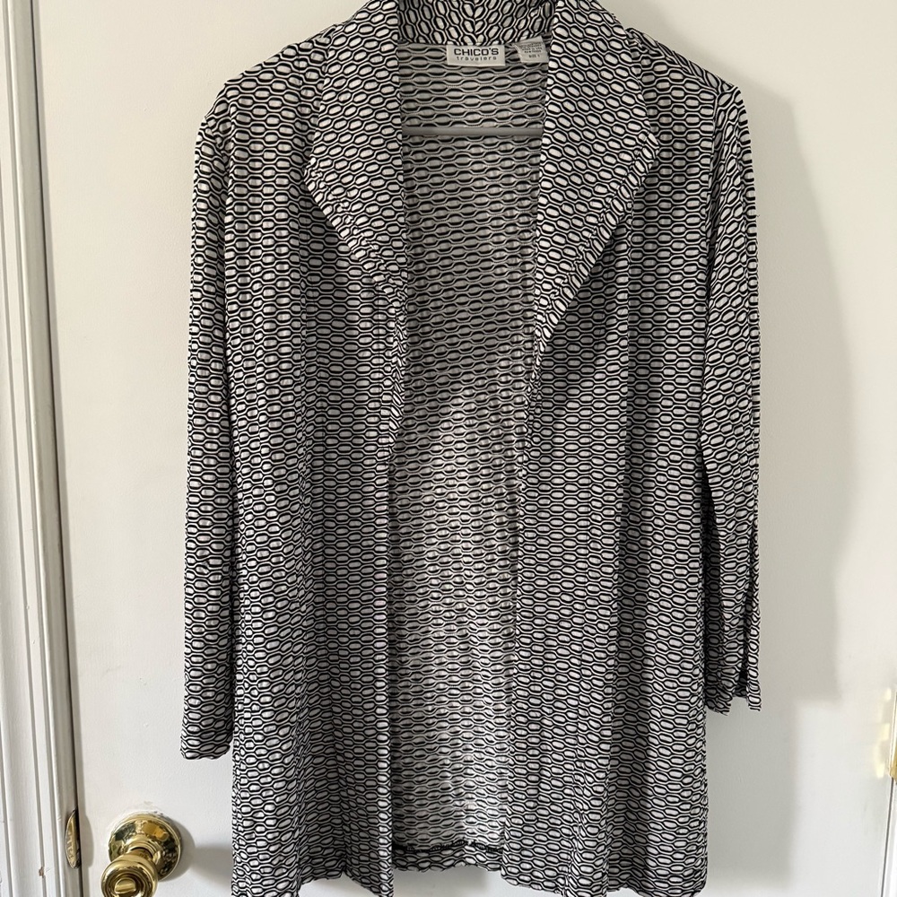Chico's Black and White Geometric Open Cardigan